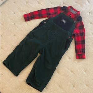 OshKosh B'gosh Red Plaid Shirt with Green Corduroy Overalls